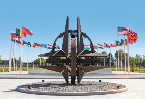 NATO emblem with flags of member countries in background.