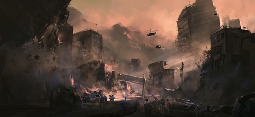 Desolate cityscape with helicopters flying over damaged buildings.