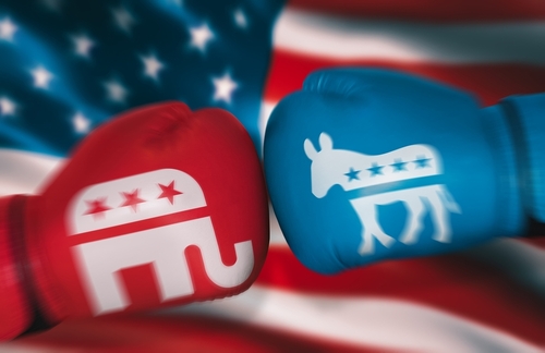 Red and blue gloves with Republican and Democratic symbols.