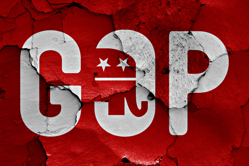 GOP logo on cracked, distressed red background.