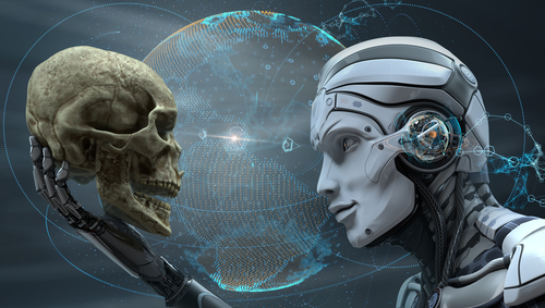 Robot holding skull with digital Earth in background.