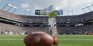 NFL trophy and football on the field in a stadium