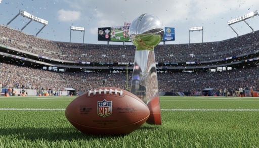 shutterstock_2686633295.jpg NFL trophy and football on the field in a stadium