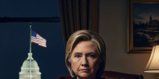 Hillary Clinton seated at a desk with a serious expression, Washington D.C. in the background