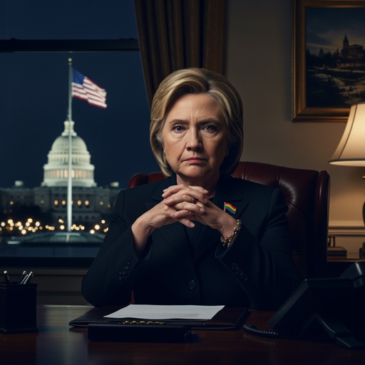 shutterstock_2710184385.jpg Hillary Clinton seated at a desk with a serious expression, Washington D.C. in the background