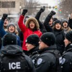 Federal Agent HUNTED—Nationwide Warrant Issued by Prosecutor… A crowd of protesters facing law enforcement officers during a demonstration