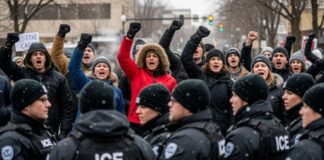 A crowd of protesters facing law enforcement officers during a demonstration