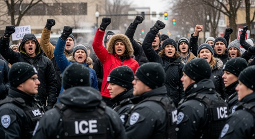 shutterstock_2723861737.jpg A crowd of protesters facing law enforcement officers during a demonstration