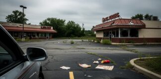 Abandoned fast food restaurant with litter in the parking lot