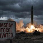 Chinese Spy CAUGHT Red-Handed at Doomsday Plane… A missile launching with a sign indicating 'Doomsday Protocol Activated' in the foreground