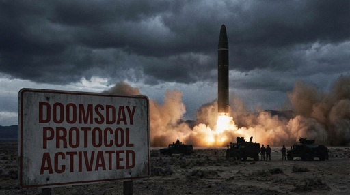 shutterstock_2748007641.jpg A missile launching with a sign indicating 'Doomsday Protocol Activated' in the foreground