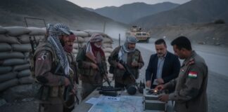 Military personnel and officials discussing a map at a checkpoint
