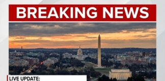 Aerial view of Washington D.C. at sunset with notable monuments