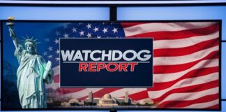 Graphic featuring the Statue of Liberty and an American flag with the text 'WATCHDOG REPORT'