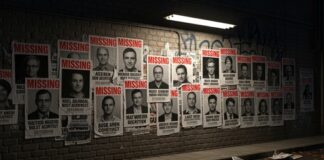 Wall covered with missing persons posters in an urban setting
