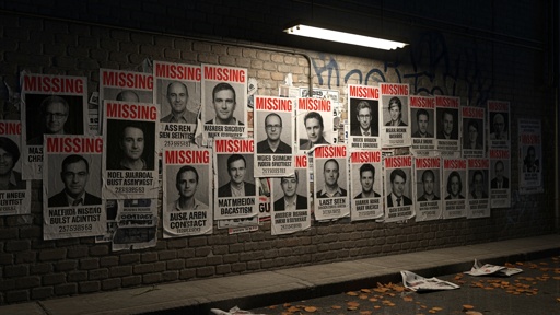 shutterstock_2762541709.jpg Wall covered with missing persons posters in an urban setting