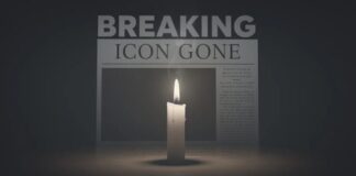 A lit candle in front of a newspaper with the headline 'BREAKING ICON GONE'