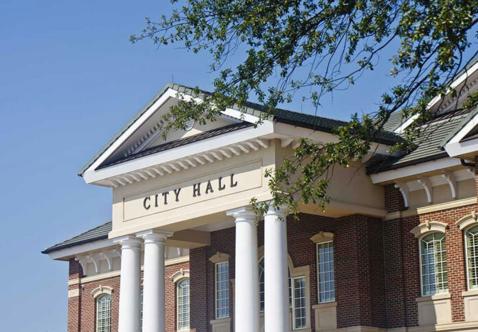 100049108 City Hall building with columns and a tree branch.