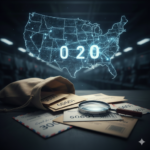 Democratic Secession Hits 22%—Trump Triggered WHAT? A digital map of the United States with the number 020 overlaying envelopes and a magnifying glass