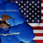 DOJ Battles 4 STATES in Undercover Plate Showdown… Flags of the US and Department of Justice, cracked background.