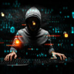 Hacker in hoodie surrounded by digital symbols and locks.