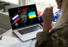 Online Jihad Guidance UNCHECKED: What’s Happening? Laptop displaying ATTACK with Russian and Ukrainian flags