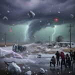 Nightmare Tornadoes NOW Strike Where Nobody Expected… A tornado with lightning strikes and debris in a stormy landscape