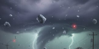 A tornado with lightning strikes and debris in a stormy landscape