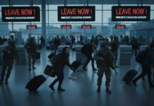 Bomb Scare CHAOS Erupts at Major Airport…. Crowd of people in an airport responding to evacuation alerts with military personnel present