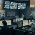 Military personnel in a command center with multiple screens displaying maps and surveillance footage