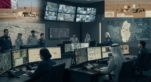 Qatar,Police,Police,Diffence,Qatar,Background,Room,Operations Military personnel in a command center with multiple screens displaying maps and surveillance footage