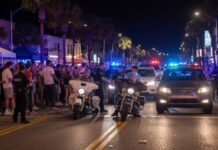Massive Evacuation Sparks Fear of ‘Blast Zone’ Looters… Police officers managing a crowd on a busy street at night