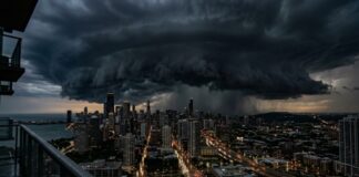 Dramatic storm clouds over a city skyline with rain in the distance