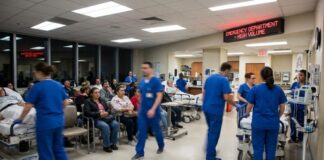 Busy emergency department with healthcare workers attending to patients