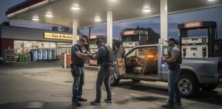 Police officers conducting an operation at a gas station at night