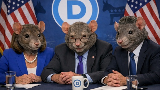 Nancy,Pelosi,Schumer,And,Newsom,Sitting,At,A,Table,For Three individuals with rat heads at a political conference