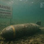 Bomb Found STRAPPED Under Alabama Dam… An underwater scene featuring a military bomb and a warning sign