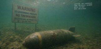 An underwater scene featuring a military bomb and a warning sign