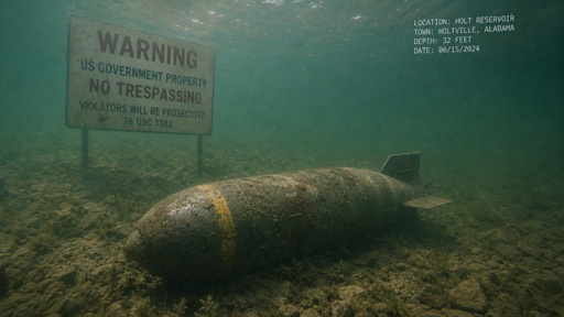 shutterstock_2781556677.jpg An underwater scene featuring a military bomb and a warning sign