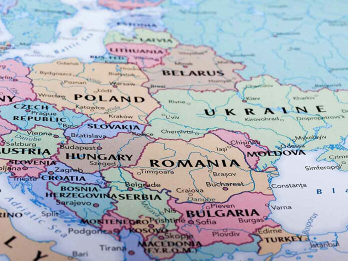 424807234 Map of Eastern European countries with labels and borders.
