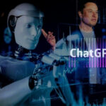 Humanoid robot typing with holographic interface and ChatGPT text overlay