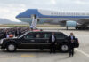 Qatar Gift Becomes Air Force One Presidential motorcade limousine in front of large government aircraft on tarmac