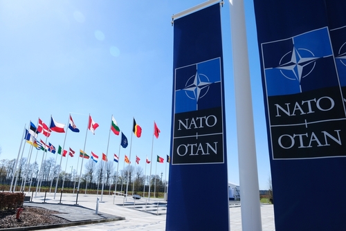 The,National,Flags,Of,Countries,Member,Of,The,Nato,Fly NATO flags displayed at the headquarters under a clear blue sky