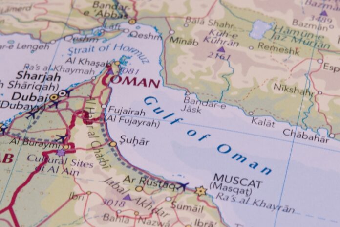 The,Gulf,Of,Oman,Region,With,Strait,Of,Ormuz,On Map of the Gulf of Oman region with Oman, UAE, and Iran