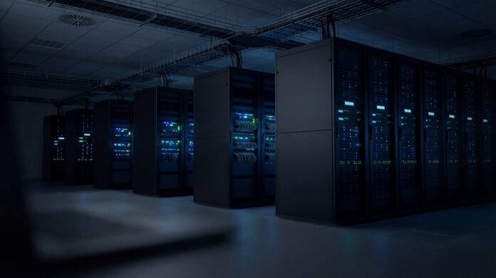 Rows,Of,Modern,Server,Racks,Displaying,Active,Blue,And,Green Rows of illuminated server racks in a dark data center