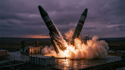 Two rockets launching from a military facility with smoke and flames