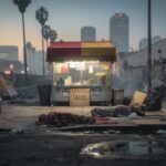 Mall Crackdown Exposes Violent ‘Food Truck Mafia’ A taco food cart in an urban setting surrounded by tents and graffiti