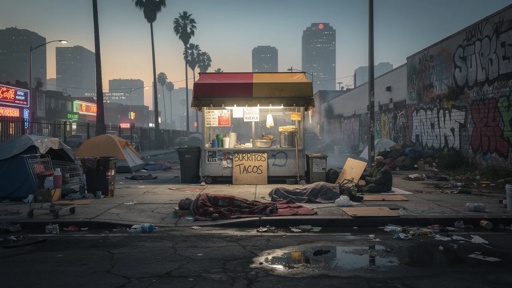 A,Burrito,Stand,On,The,Dirty,Homeless,Streets,Of,La A taco food cart in an urban setting surrounded by tents and graffiti