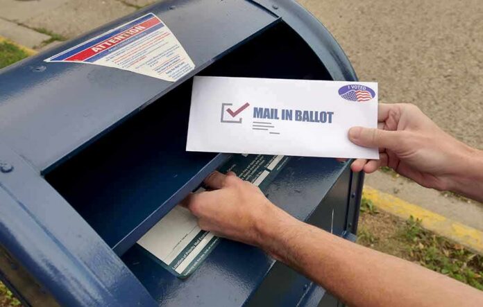 shutterstock_1796875219 Person mailing a ballot into a blue street mailbox