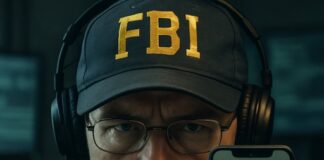 FBI agent holding a phone displaying a man's face